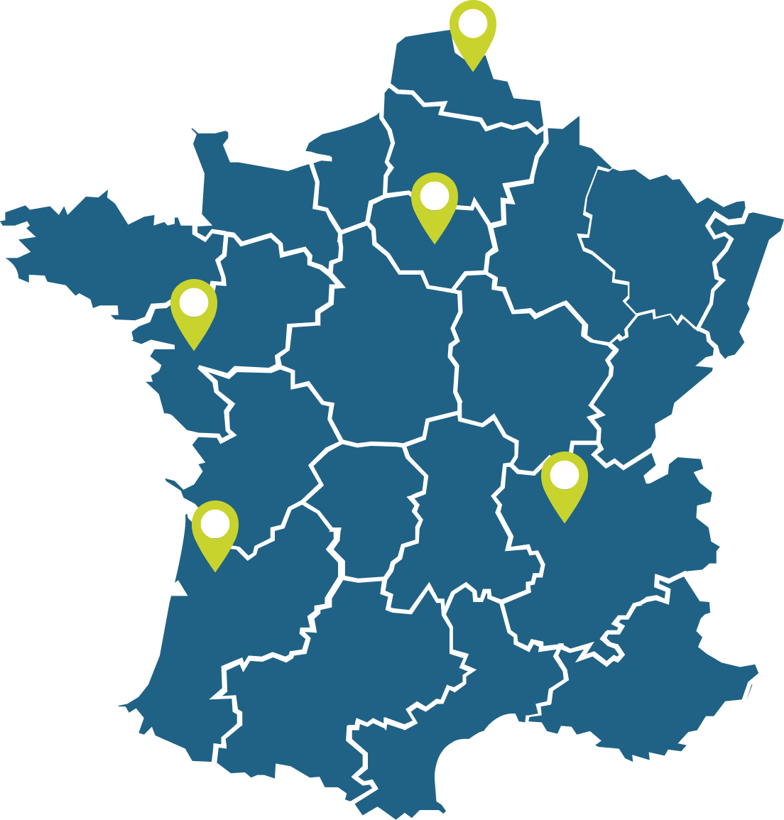 Carte de la France qui illustre les emplacements géographiques des projets d'investissement immobilier de la plateforme Baltis